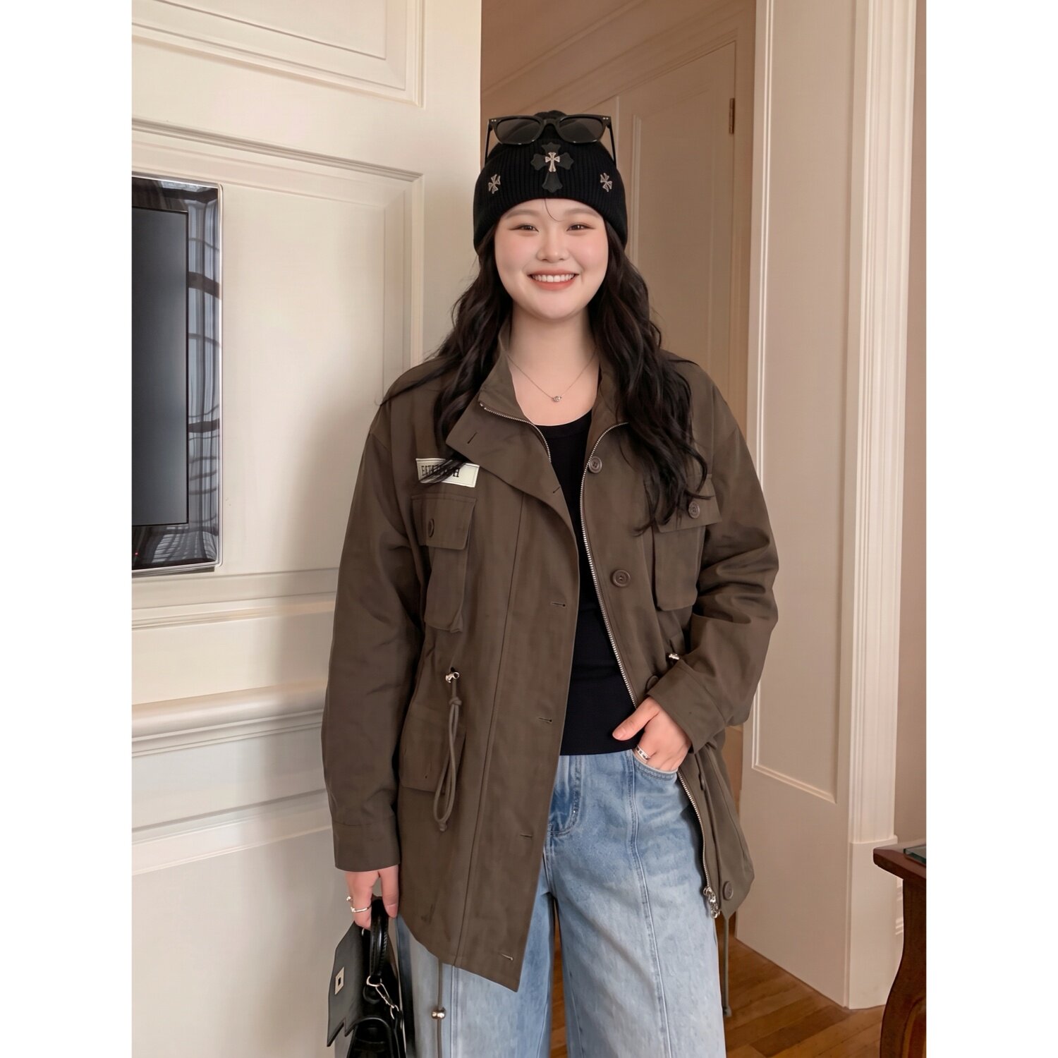 梵朵大码女装冬季新款胖妹妹遮肉别致工装外套收腰上衣17715R