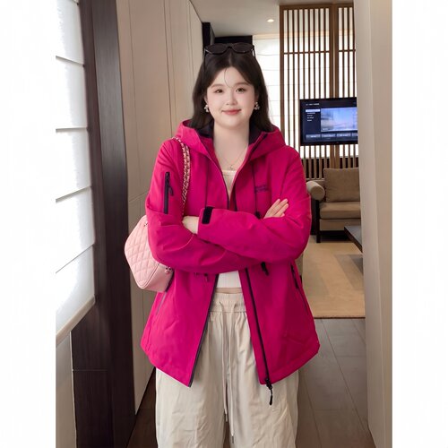 梵朵大码女装秋季时尚多巴胺户外连帽冲锋衣爬山运动外套18721R