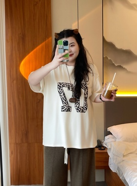 梵朵大码女装14916夏季胖MM时尚休闲豹纹字母印花短袖T恤宽松上衣
