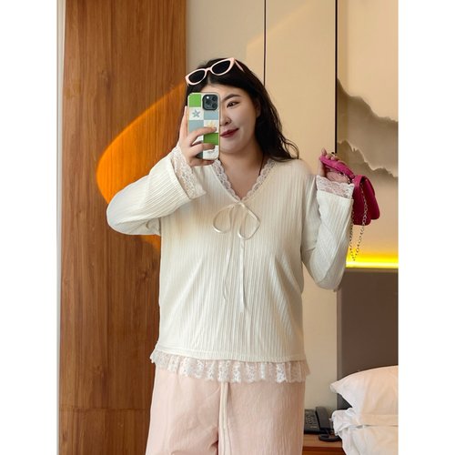 梵朵大码女装16286秋冬温柔显瘦遮肉蕾丝拼接打底衫宽松内搭上衣