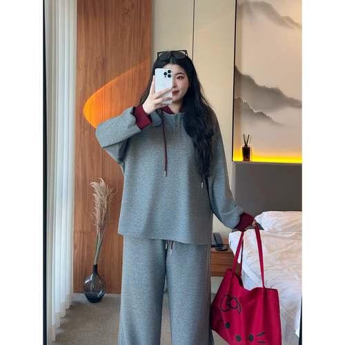 梵朵大码女装初春高级感松弛连帽卫衣休闲裤宽松运动两件套4559Y