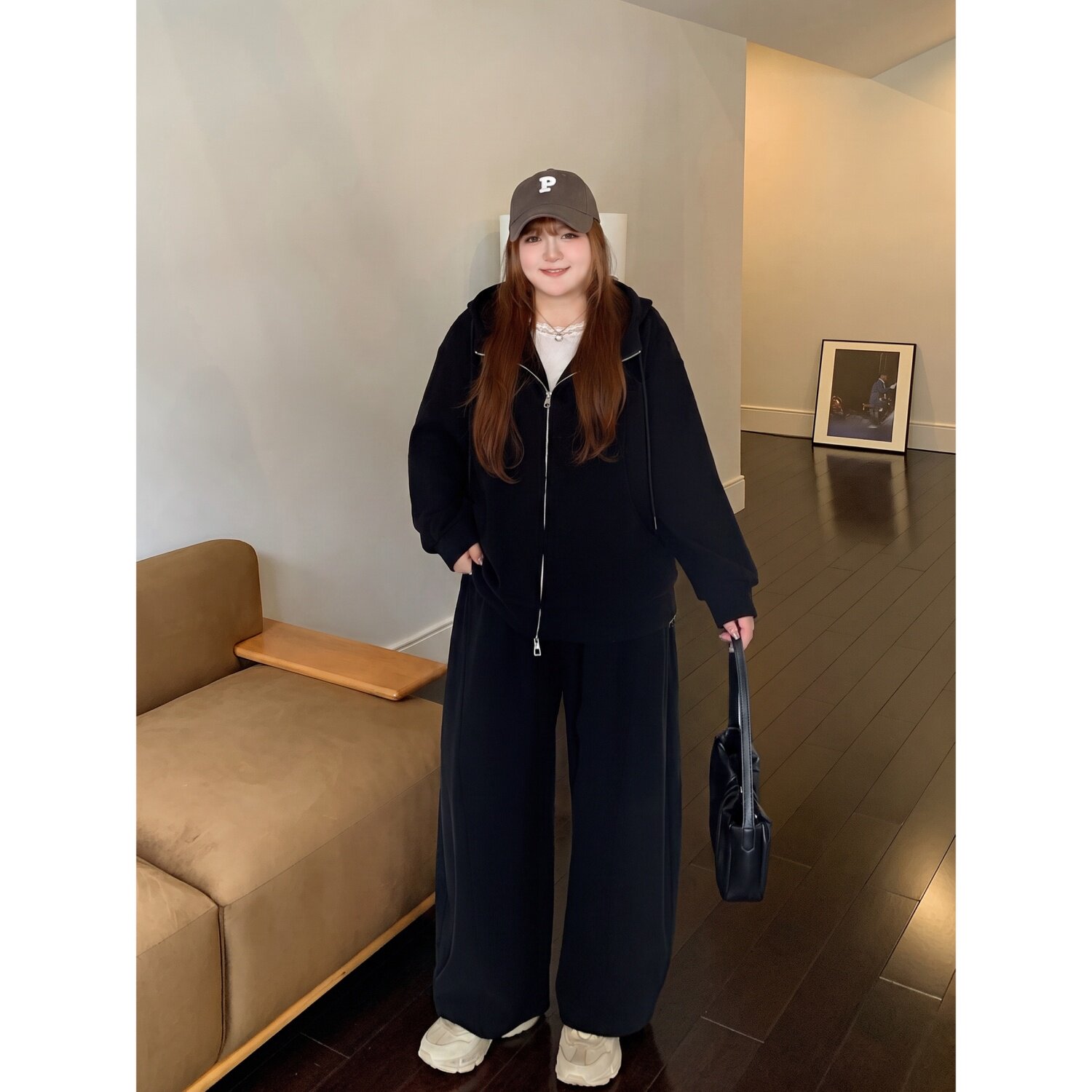 梵朵大码女装初秋运动连帽拉链卫衣慵懒宽松阔腿裤套装30046Z