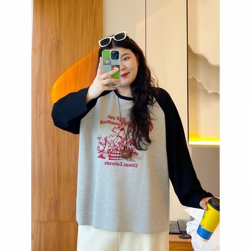 梵朵大码女装16247秋冬宽松通勤插肩长袖T恤休闲内搭打底衫上衣潮