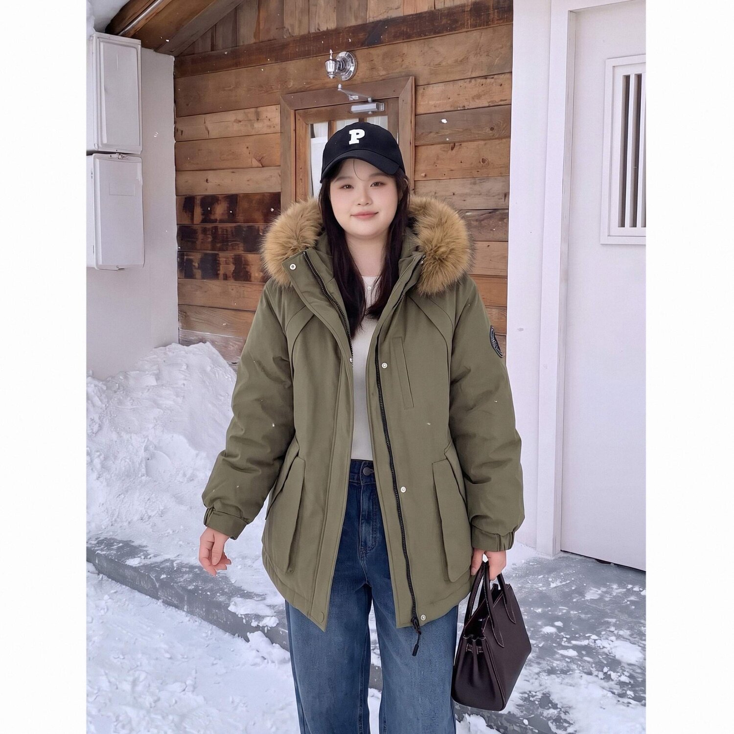 梵朵大码女装冬季宽松保暖毛领连帽工装棉服小众派克外套16950R