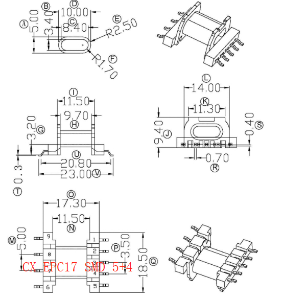EPC17卧式贴片5+4高频变压器电木骨架配套pc44磁芯