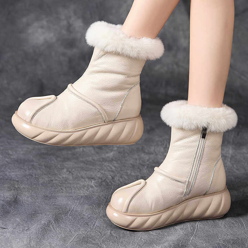 真皮女短靴复古坡跟加绒厚底保暖棉靴雪地靴兔毛边圆头松糕冬皮靴