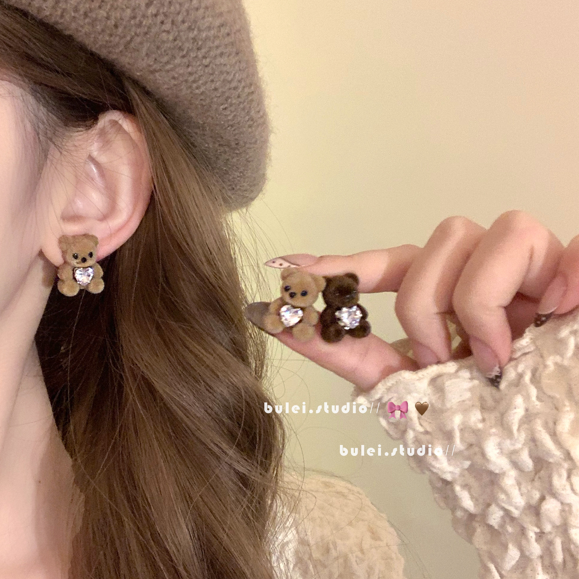 秋冬复古可爱小熊植绒爱心耳环耳钉耳饰银针儿童无耳洞耳夹耳饰