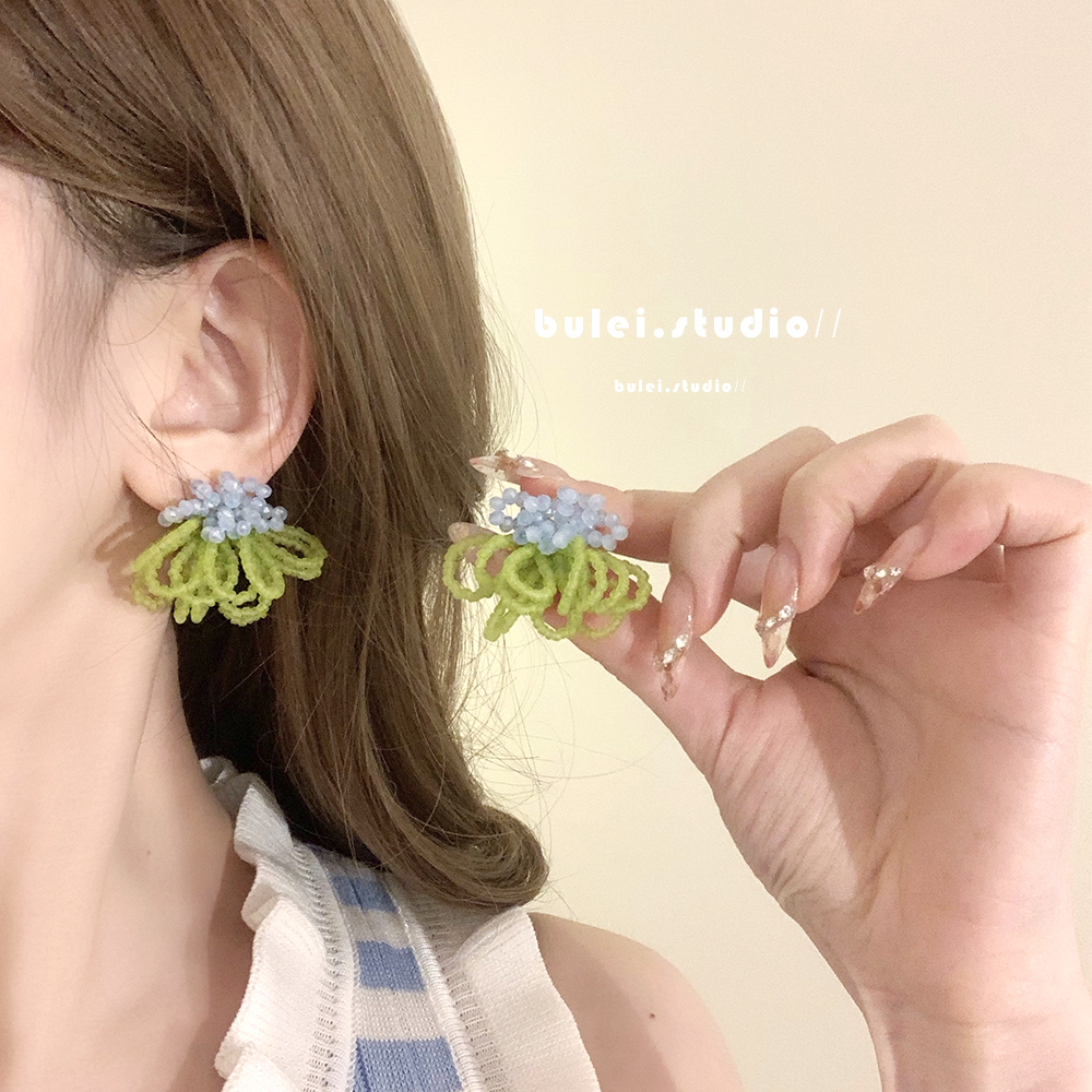 布蕾手作青山过雾超仙撞色串珠流苏耳环小众设计耳钉无耳洞耳夹