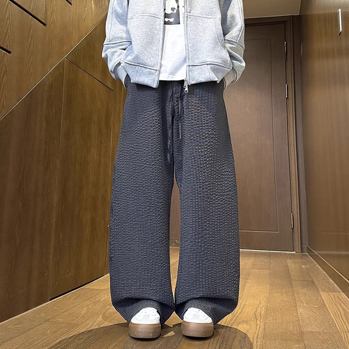 男女早秋款弯刀裤百搭格子条纹宽松阔腿休闲裤子弯刀裤男,男装休闲裤,电商A232