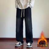 D-A232-YHK9328加绒-P50黑色直筒裤男士潮牌阔腿牛仔裤男休闲，男装牛仔裤，电商A232