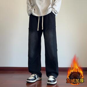 D-A232-YHK9328加绒-P50黑色直筒裤男士潮牌阔腿牛仔裤男休闲图片