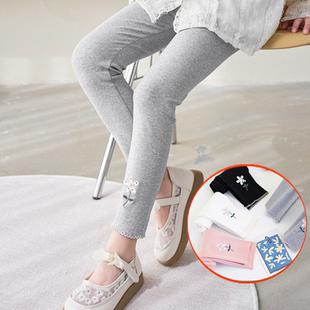 春装薄款女童裤子纯棉外穿儿童洋气打底裤春夏宝宝黑色刺绣花长裤