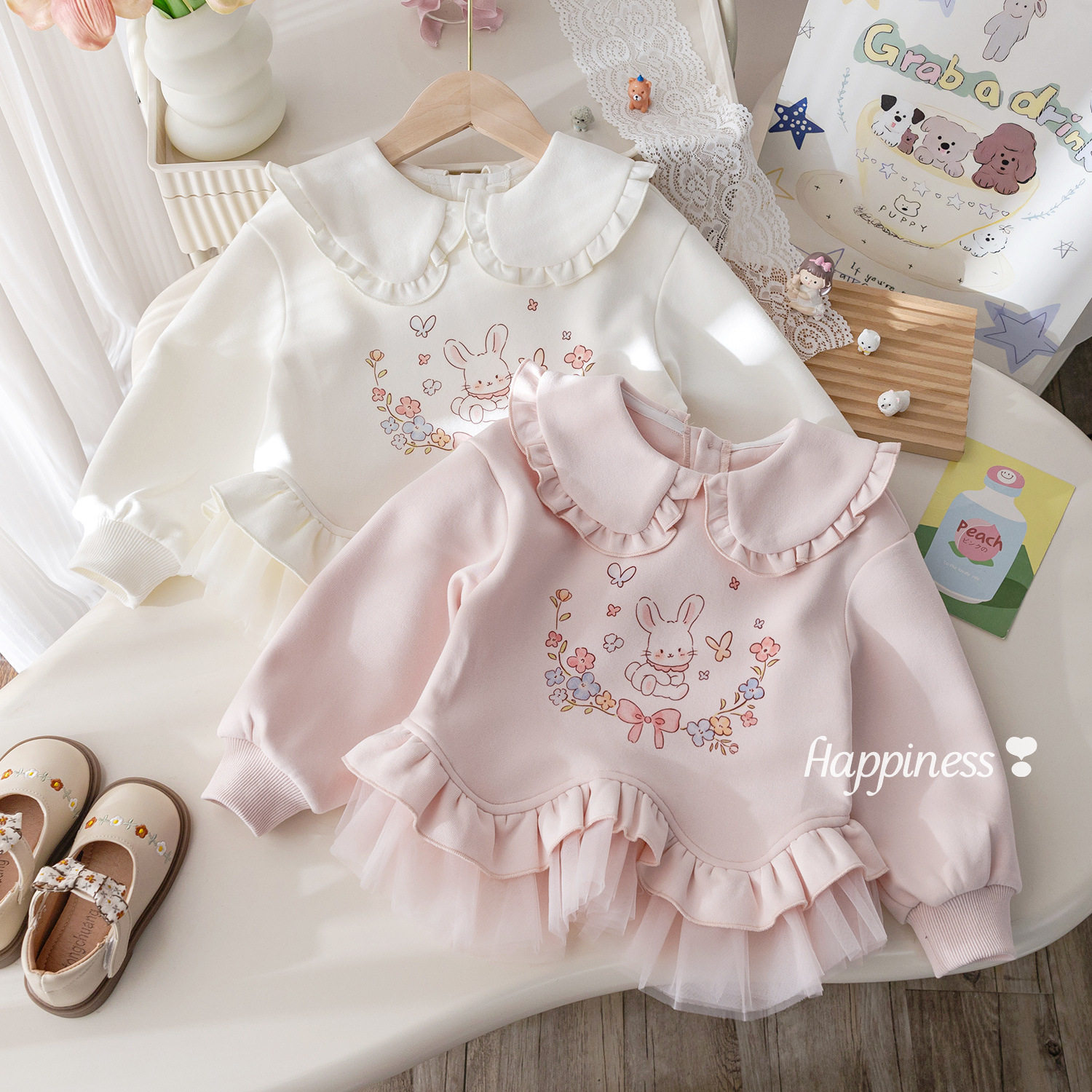 女童春季卫衣儿童可爱兔子纯棉套头衫女宝宝春装蕾丝花边时髦上衣