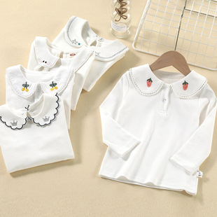 a类女童白色打底衫秋纯棉儿童娃娃领长袖T恤秋冬加绒女宝内搭上衣