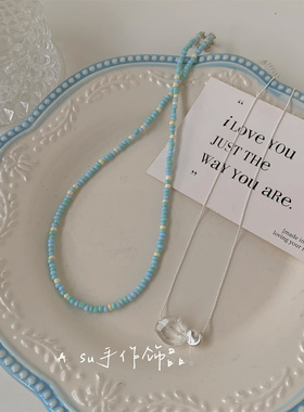 蓝色串珠项链女锁骨链