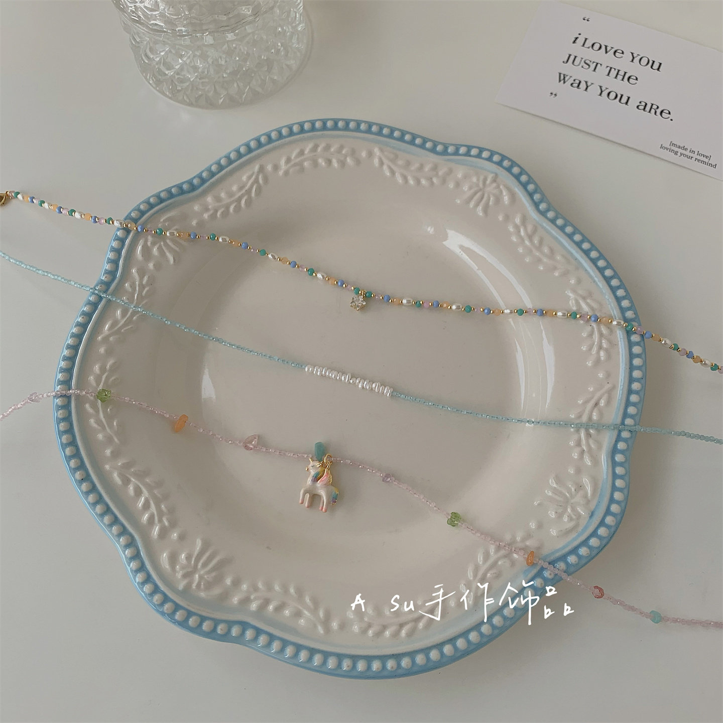 【满25包邮】气质天然水晶锁骨链女蓝色米珠项链圆珠链