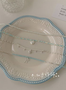 小清新蓝色系串珠项链女