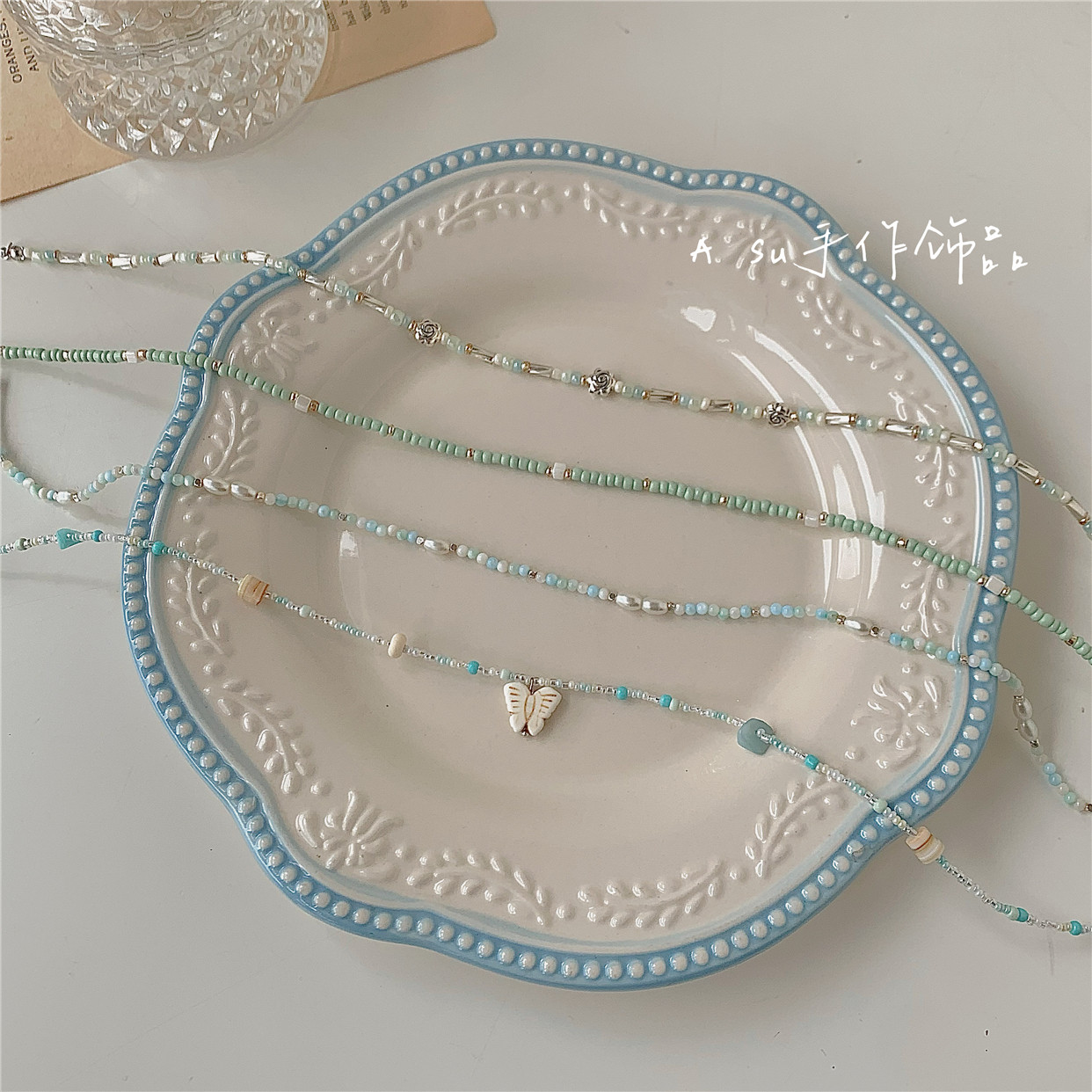 满25包邮】超仙气质蓝绿色系清新串珠项链圆珠链小米珠锁骨链春夏