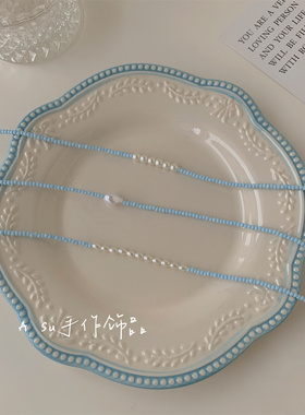 Asu手工自制~薄荷蓝串珠锁骨链