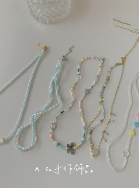 手工自制~甜美蓝色彩色串珠项链