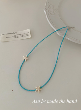 小米珠蓝色串珠锁骨链女