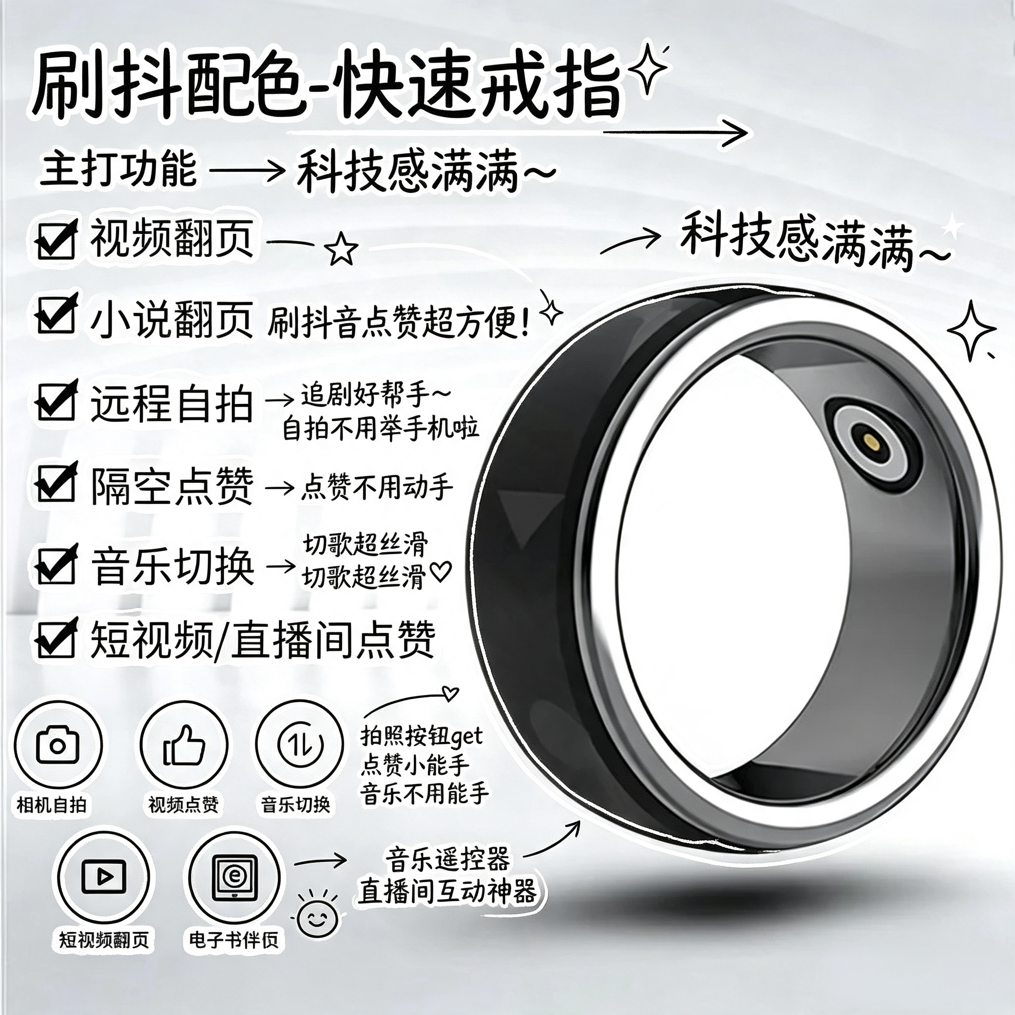 蓝牙智能指环拍照翻页戒指遥控器
