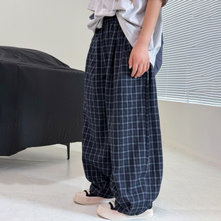 男童裤子夏季薄款2026新款儿童痞帅格子裤男孩夏装直筒防蚊长裤潮