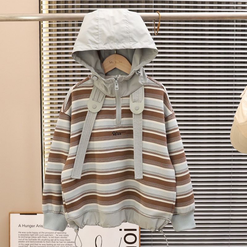 男童春装条纹连帽卫衣2026新款大儿童春秋上衣青少年男孩潮运动服