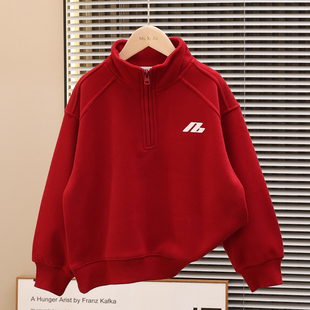 男童加绒加厚卫衣儿童冬季保暖红色一体绒上衣青少年男孩宽松冬装