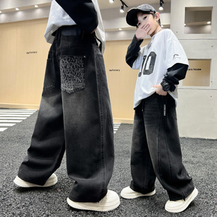 男童直筒牛仔裤冬季加绒中大儿童新款秋冬加厚裤子男孩黑色休闲裤