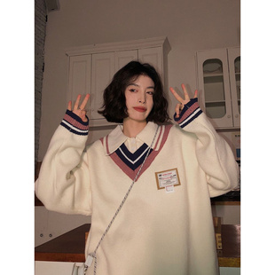 吵吵家polo领毛衣女秋冬学院风软糯慵懒个性设计感拼接针织衫外套