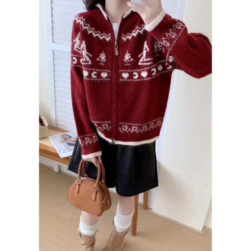 圣诞节穿搭复古费尔岛红色拉链毛