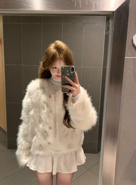 奶fufu白色小香风仿水貂绒毛衣开衫外套女秋冬季加厚毛毛皮草