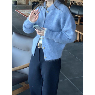 韩国东大门lerobe25新款美娜软糯翻领羊毛针织开衫蓝色毛衣外穿女