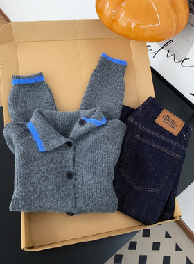 灰色慵懒感撞色高领毛衣外套女秋冬小众气质休闲软糯针织开衫上衣