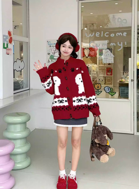 实价【五根羊驼绒】秋冬费尔岛灰色狗狗牛角扣慵懒宽松毛衣针织外