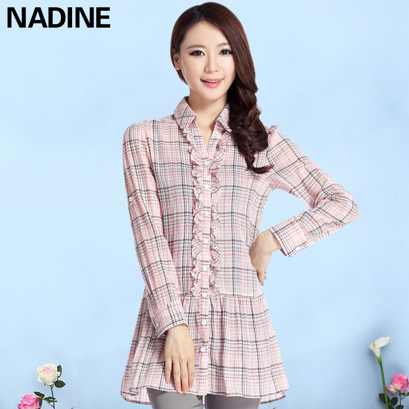 纯棉中长款木耳边轻薄格子衬衫