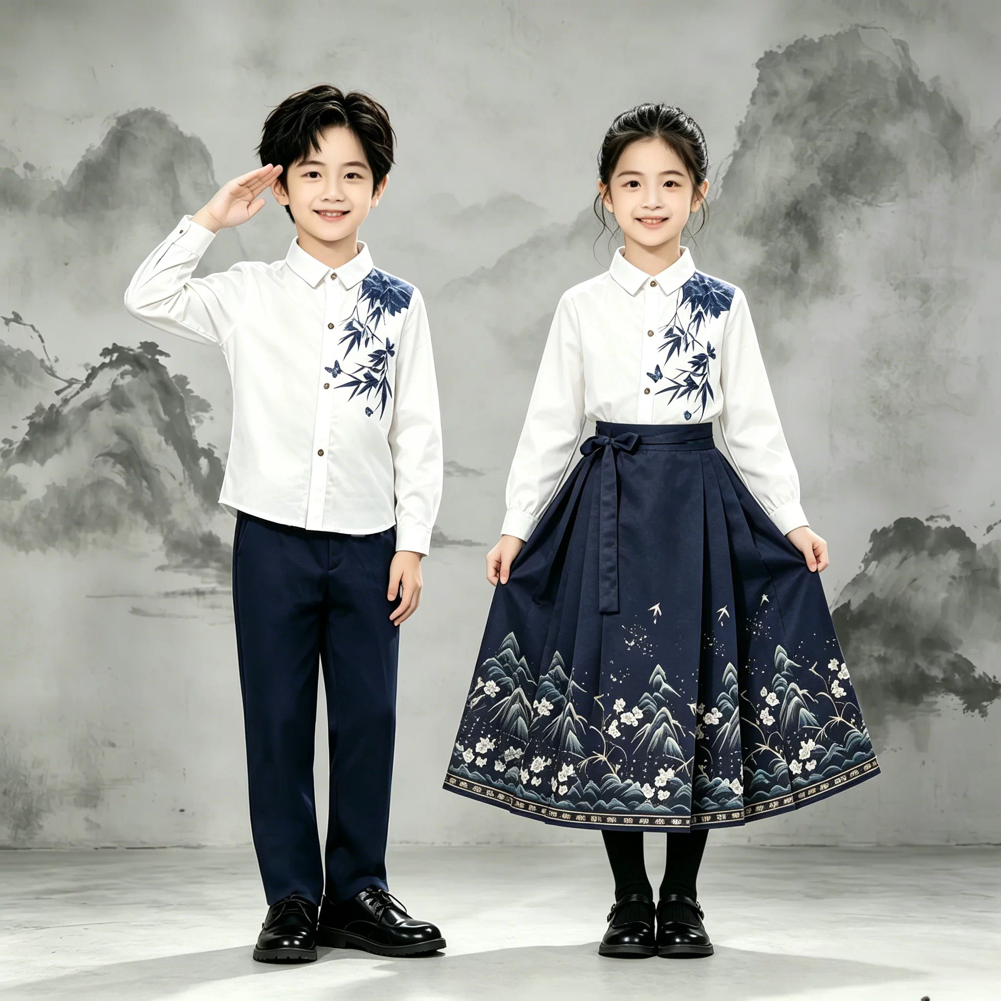 儿童合唱演出服中国风男女童小学生国风刺绣表演服藏青色蝴蝶竹图