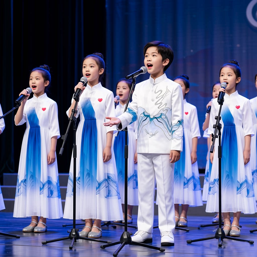 中国风儿童演出服蓝色男女童合唱团表演服小学生爱国朗诵比赛服装