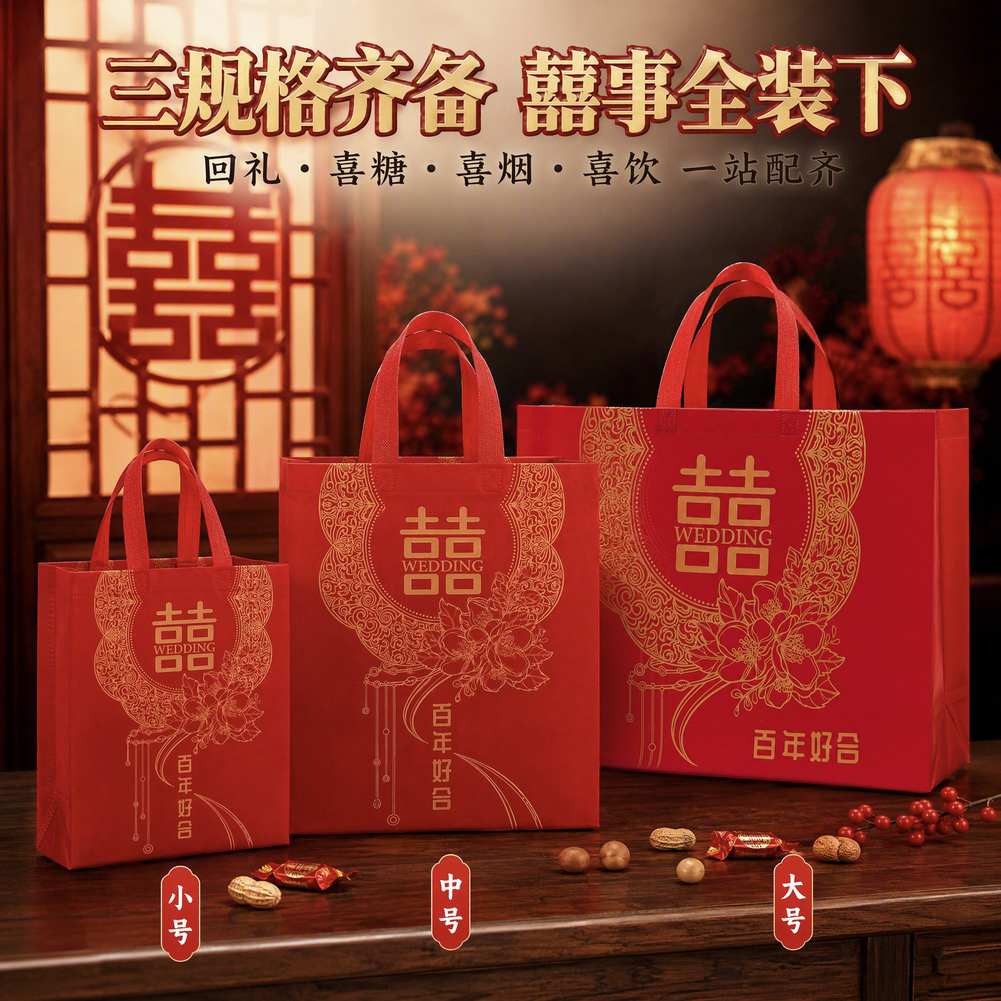 红色结婚喜袋手提袋加厚喜糖袋子订婚大号婚礼婚庆礼品无纺布包装