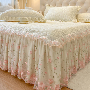 床裙夹棉加厚席梦思法莱绒床单三件套 蕾丝牛奶绒花边款 秋冬季 法式