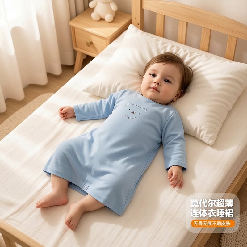 莫代尔婴幼儿小月龄睡裙春夏季防踢被男女宝宝连体长袖睡袍家居服