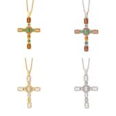 彩色锆石十字架项链女高级感轻奢毛衣链饰品 跨境欧美时尚 钛钢