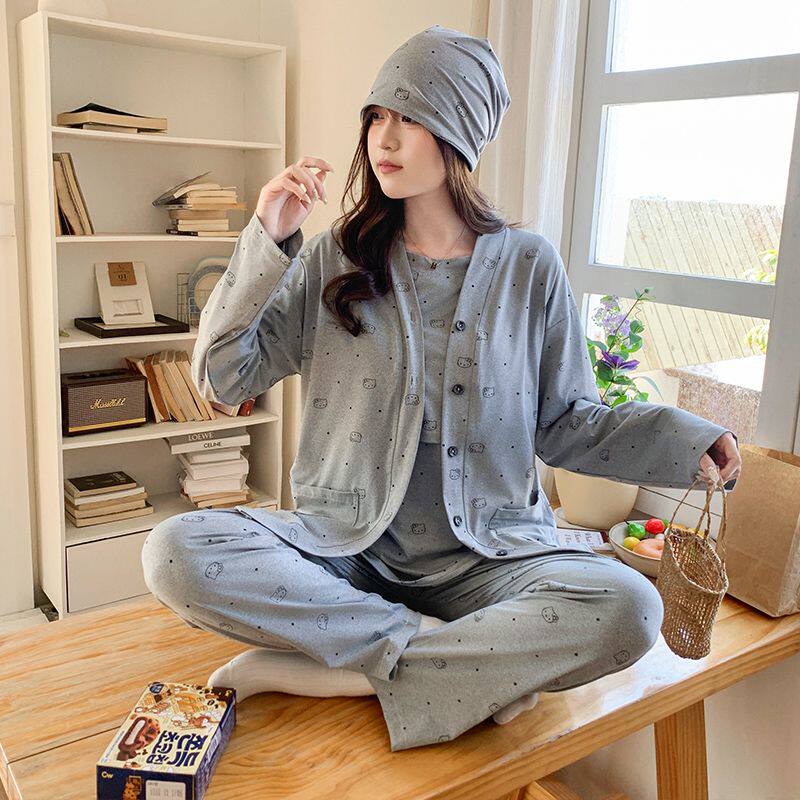 夏春秋季纯棉薄款三件套家居月子服孕妇睡衣带胸垫产后怀孕期哺乳