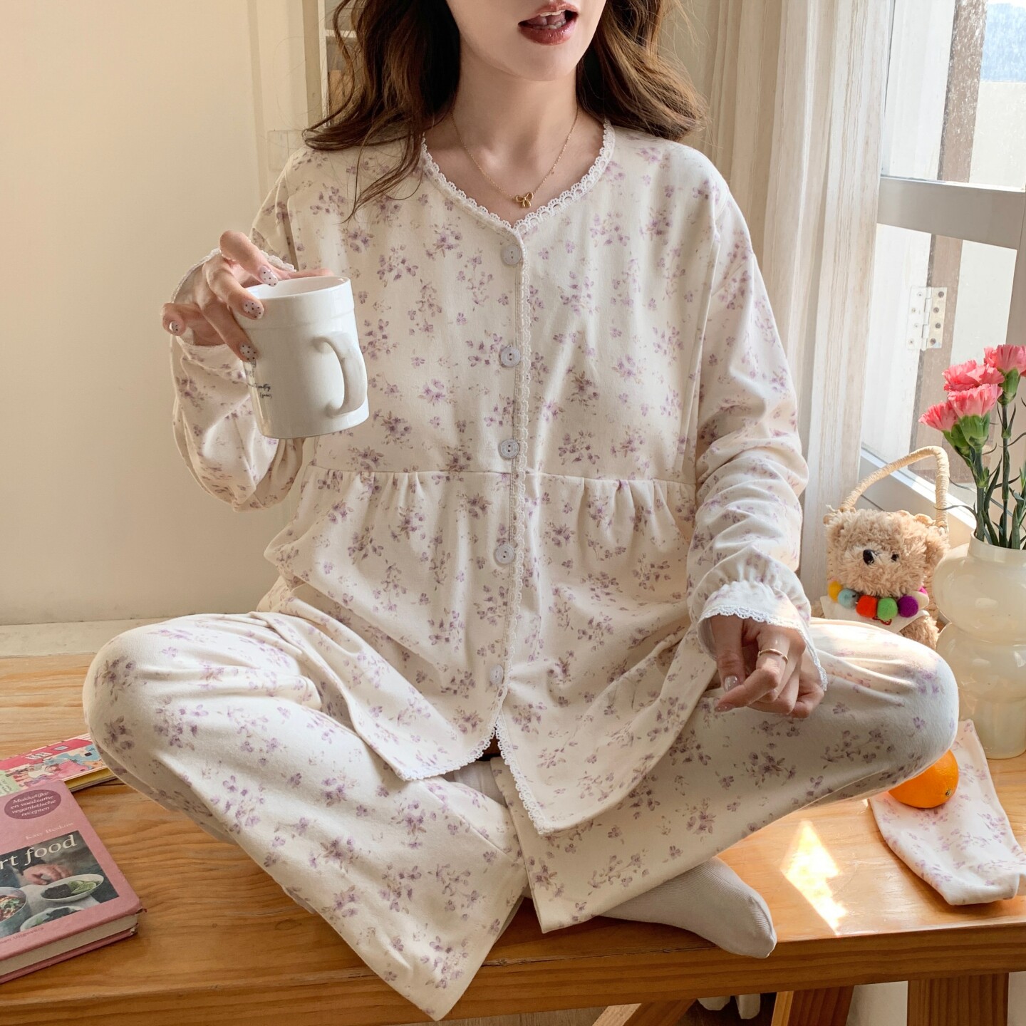 哺乳圆领带胸垫月子帽月子服春秋季薄款产后待产妇孕妇睡衣春夏季