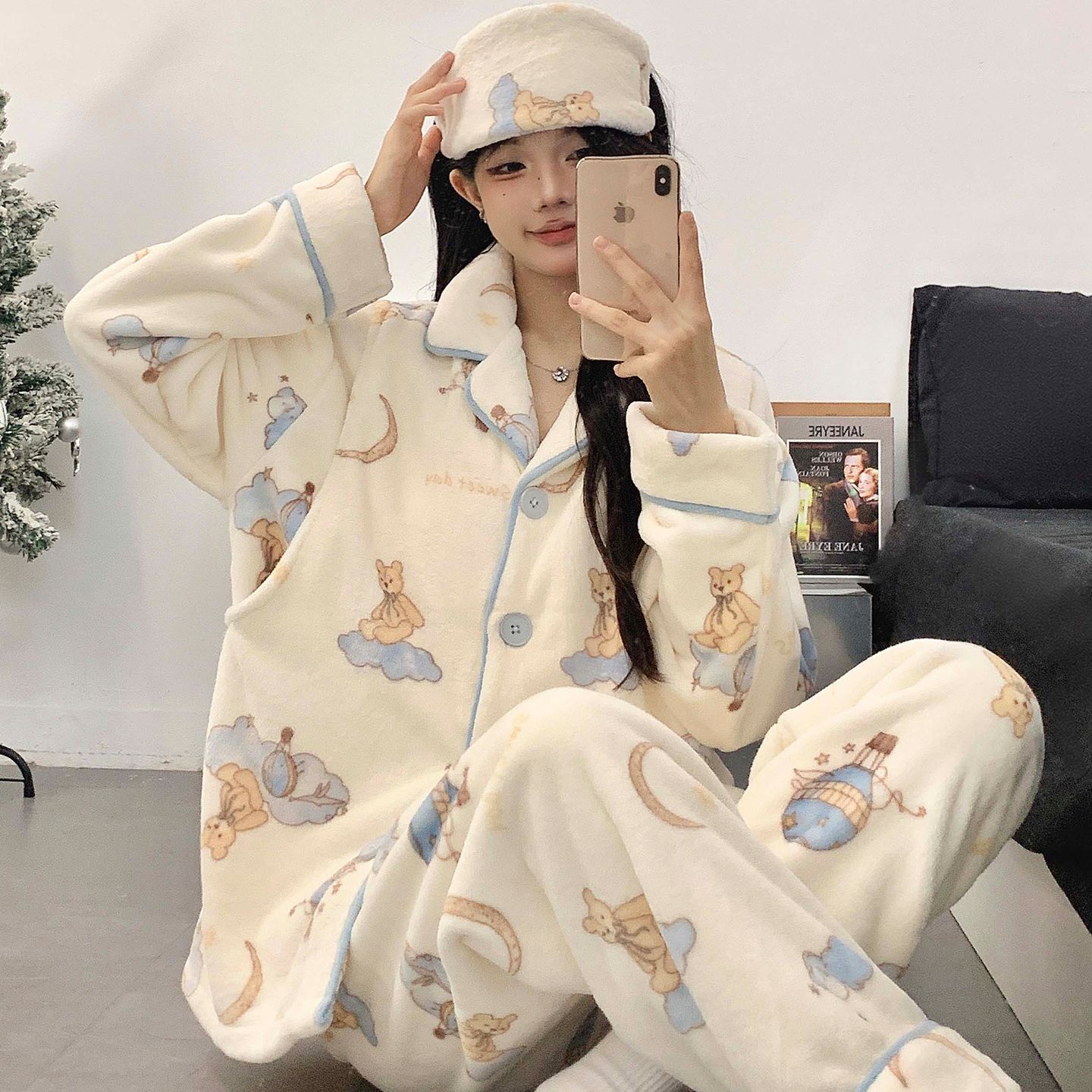 加绒加厚月子服珊瑚绒带月子帽法兰绒哺乳孕妇秋冬季产后住院睡衣