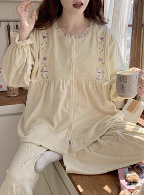海岛绒月子服秋冬产后德绒保暖哺乳喂奶套装待产孕妇睡衣圆领住院
