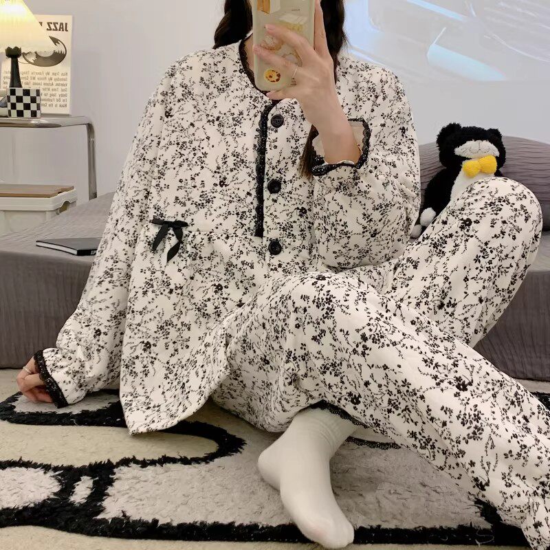 带胸垫月子服秋冬季产后家居服宽松款大码哺乳圆领孕妇睡衣空气棉