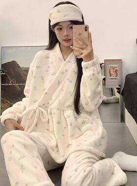 加绒加厚产妇珊瑚绒月子服秋冬季和服保暖不勒肚产后哺乳孕妇睡衣