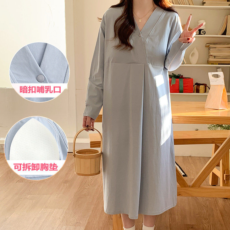 连衣裙纯棉孕妇睡裙带胸垫待产裙加裤子春秋季产房产检中长款哺乳